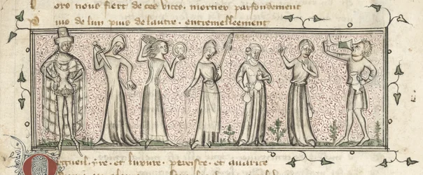 Yates Thompson 21, f. 165, Seven Deadly Sins, c.1380 (vellum)