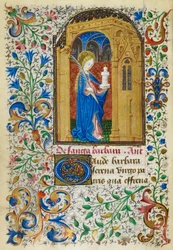Yates Thompson 3, fol.289v Miniatura de Santa Bárbara sob um arco dourado, carregando uma palmeira e sua torre, com uma borda folhada completa, no início de seu sufrágio, de 