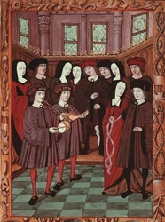 Jovem casal ouvindo músicos, imagem de um manuscrito francês