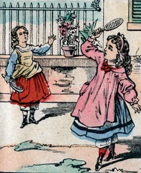 Jovens raparigas a jogar raquetes e volante, um jogo antigo semelhante ao badminton - imagem de Épinal - século XIX