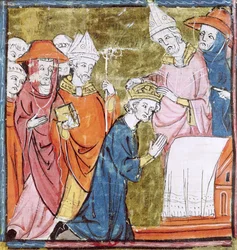 Fól. 106r: A coroação do imperador Carlos Magno (742-814) pelo papa Leão III (c. 750-816) na Basílica de São Pedro, em Roma, no ano 800, Grandes Chroniques de France, 1375-79