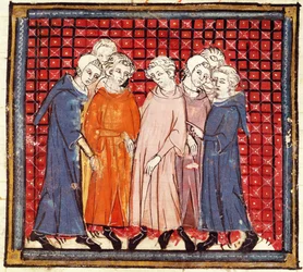 f.155r Nobres conspirando contra o rei Luís, o Piedoso, das Grandes Chroniques de France, 1375-79