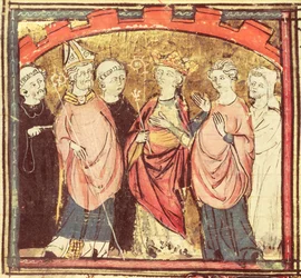 f.73r Dagobert I (605-39), rei dos francos que recebe o Reino da França, das Grandes Chroniques de France, 1375-79