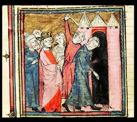 f.86v Charles Martel cuida da punição e banimento de dois homens, das Grandes Chroniques de France, 1375-79
