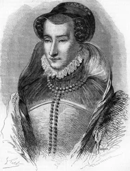 retrato de Joana III de Albret (1528 1572), mãe do rei Henrique IV e esposa de Antoine de Bourbon (1528-1572). Em "Histoire Populaire de la France", sd. circa 1885. Gravura.