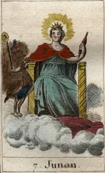 representação da divinita Juno, rainha dos deuses e do céu, ela é irmã e esposa de Júpiter (Representação de Juno, rainha dos deuses, esposa e irmã de Júpiter). Da "Mitologia da Juventude", de Pierre Blanchard 1803.