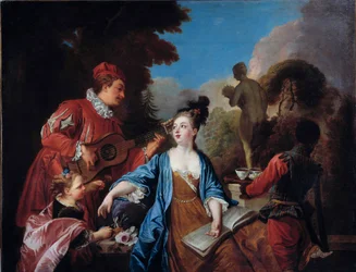Prove-o num parque. Jovens da nobreza recebem chá no jardim servido por um jovem criado negro. Escola Francesa. Século XVIII. Sol. 1,71 x 1,32 m, Rouen, Musée des Beaux-Arts