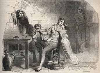 O caso do correio de Lyon - Caso do correio de Lyon: A despedida de Joseph Lesurques da sua família: supostamente envolvido no caso do correio de Lyon em 1796, foi injustamente acusado de ter atacado a mala-posta de Lyon e foi guilhotinado - Gravura em