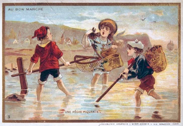 postal vintage representando crianças numa praia