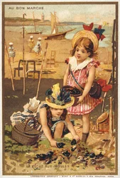 postal vintage representando crianças numa praia