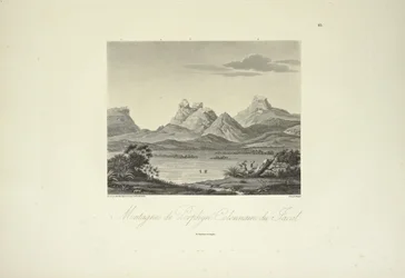 Montanhas de Porfiria Colunar, Jacal, desenhadas por Marchais, gravadas por Bouquet, ilustração de 