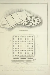 Plano de uma residência inca fortificada em Assuay; e Ruínas da Antiga Cidade Peruana de Chulucanas, gravada por Bouquet, ilustração de &39;Vistas das Cordilheiras e Monumentos dos Povos Indígenas da América&39;, de Alexander von Humboldt e Aime Bonpland