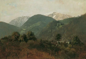 Vista de Scheuchenstein a Gauermannhof com Schneeberg ao fundo