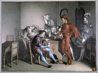 Fausto, o milagre do vinho. depois de 1816 (gravura a cores)
