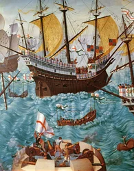 Embarque de Henrique VIII 1491-1547 a bordo do Henry Grace a Dieu em 1520, copiado de uma pintura de Vincent Volpi com detalhes em tela de 148771