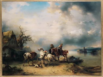 Cavalos a puxar barcos descansando perto de um bar no Danúbio (pintura sobre madeira)
