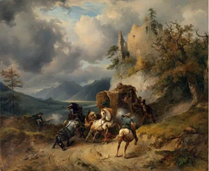 The Robbery par Gauermann, Friedrich August Matthias (1807-1862). Óleo sobre tela, tamanho : 60,5x74