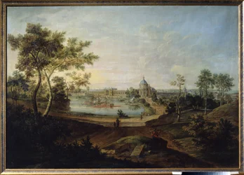 ""Vista do Palácio Real de Oranienbaum, atual Lomonossov na Rússia"" (Vista do Grande Palácio em Oranienbaum) Construído pelo arquiteto Antonio Rinaldi para a Imperatriz Catarina II, a Grande. Pintura de Friedrich Hartmann Barisien (1724-1796) 1758 Stat