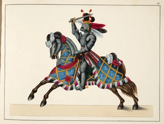Um cavaleiro em um torneio, prato de "Uma História do Desenvolvimento e Costumes de Cavalaria", do Dr. Franz Kottenkamp, publicado por Carl Hoffmann, 1842