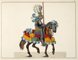 Um cavaleiro a caminho de um torneio, prato de "A History of the Development and Customs of Chivalry", do Dr. Franz Kottenkamp, publicado por Carl Hoffmann, 1842