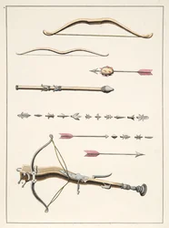 Arcos e flechas do século XIV-XV, placa de &39;Uma História do Desenvolvimento e Costumes de Cavalaria&39;, do Dr. Franz Kottenkamp, publicado por Carl Hoffmann, 1842