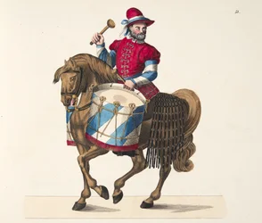 Baterista em um torneio, prato de &39;Uma História do Desenvolvimento e Costumes de Cavalaria&39;, do Dr. Franz Kottenkamp, publicado por Carl Hoffmann, 1842