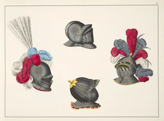Capacetes, placa de &39;Uma História do Desenvolvimento e Costumes de Cavalaria&39;, do Dr. Franz Kottenkamp, publicado por Carl Hoffmann, 1842