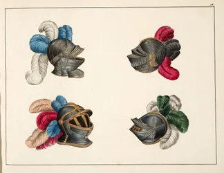 Capacetes, placa de &39;Uma História do Desenvolvimento e Costumes de Cavalaria&39;, do Dr. Franz Kottenkamp, publicado por Carl Hoffmann, 1842