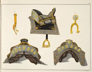 Selas e esporas, placa de &39;Uma História do Desenvolvimento e Costumes de Cavalaria&39;, do Dr. Franz Kottenkamp, publicado por Carl Hoffmann, 1842