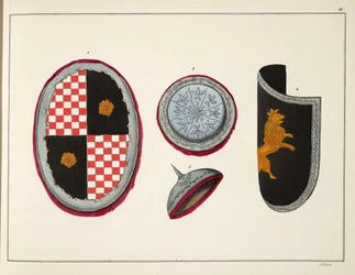 Escudos, placa de &39;Uma História do Desenvolvimento e Costumes de Cavalaria&39;, do Dr. Franz Kottenkamp, publicado por Carl Hoffmann, 1842