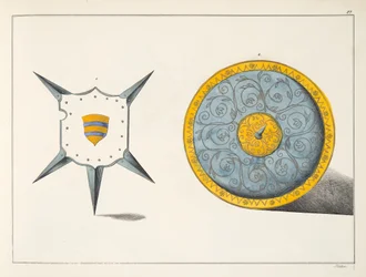 Escudos, placa de &39;Uma História do Desenvolvimento e Costumes de Cavalaria&39;, do Dr. Franz Kottenkamp, publicado por Carl Hoffmann, 1842