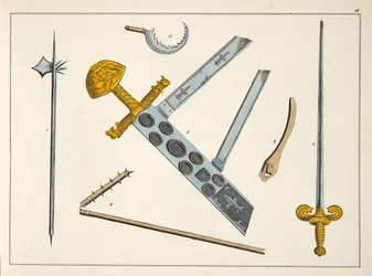 Lança pontiaguda, mangual e dusack, prato de &39;Uma História do Desenvolvimento e Costumes de Cavalaria&39;, do Dr. Franz Kottenkamp, publicado por Carl Hoffmann, 1842 Kottenkamp, publicado pela Car