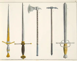 Espadas, prato de &39;Uma História do Desenvolvimento e Costumes de Cavalaria&39;, do Dr. Franz Kottenkamp, publicado por Carl Hoffmann, 1842