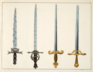 Espadas, prato de &39;Uma História do Desenvolvimento e Costumes de Cavalaria&39;, do Dr. Franz Kottenkamp, publicado por Carl Hoffmann, 1842