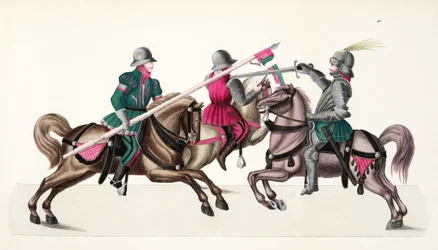Três cavaleiros em um torneio, prato de &39;Uma História do Desenvolvimento e Costumes de Cavalaria&39;, do Dr. Franz Kottenkamp, publicado por Carl Hoffmann, 1842