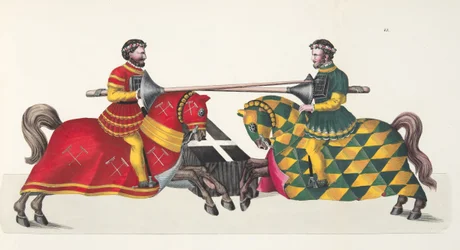 Dois cavaleiros em um torneio, placa de "Uma História do Desenvolvimento e Costumes de Cavalaria", do Dr. Franz Kottenkamp, publicado por Carl Hoffmann, 1842