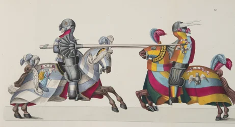 Dois cavaleiros em um torneio, placa de "Uma História do Desenvolvimento e Costumes de Cavalaria", do Dr. Franz Kottenkamp, publicado por Carl Hoffmann, 1842