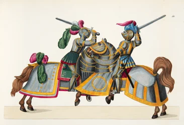 Dois cavaleiros em um torneio, placa de "Uma História do Desenvolvimento e Costumes de Cavalaria", do Dr. Franz Kottenkamp, publicado por Carl Hoffmann, 1842