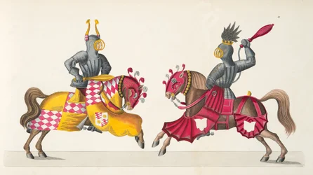 Dois cavaleiros em um torneio, placa de "Uma História do Desenvolvimento e Costumes de Cavalaria", do Dr. Franz Kottenkamp, publicado por Carl Hoffmann, 1842