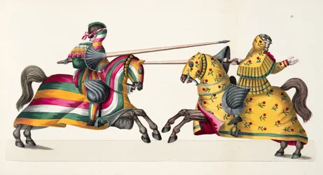 Dois cavaleiros em um torneio, placa de "Uma História do Desenvolvimento e Costumes de Cavalaria", do Dr. Franz Kottenkamp, publicado por Carl Hoffmann, 1842