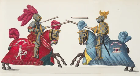 Dois cavaleiros em um torneio, placa de "Uma História do Desenvolvimento e Costumes de Cavalaria", do Dr. Franz Kottenkamp, publicado por Carl Hoffmann, 1842