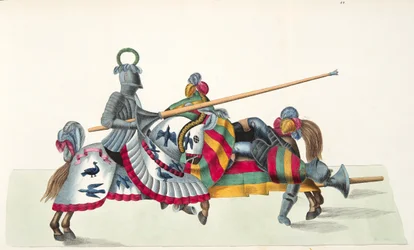 Dois cavaleiros em um torneio, placa de "Uma História do Desenvolvimento e Costumes de Cavalaria", do Dr. Franz Kottenkamp, publicado por Carl Hoffmann, 1842