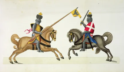 Dois cavaleiros em um torneio, placa de "Uma História do Desenvolvimento e Costumes de Cavalaria", do Dr. Franz Kottenkamp, publicado por Carl Hoffmann, 1842