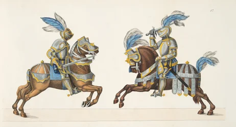 Dois cavaleiros em um torneio, placa de "Uma História do Desenvolvimento e Costumes de Cavalaria", do Dr. Franz Kottenkamp, publicado por Carl Hoffmann, 1842