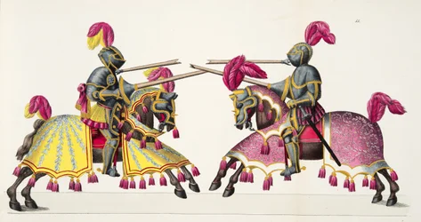 Dois cavaleiros em um torneio, placa de "Uma História do Desenvolvimento e Costumes de Cavalaria", do Dr. Franz Kottenkamp, publicado por Carl Hoffmann, 1842