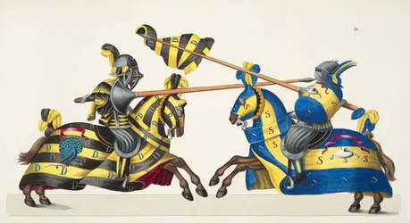 Dois cavaleiros em um torneio, placa de "Uma História do Desenvolvimento e Costumes de Cavalaria", do Dr. Franz Kottenkamp, publicado por Carl Hoffmann, 1842