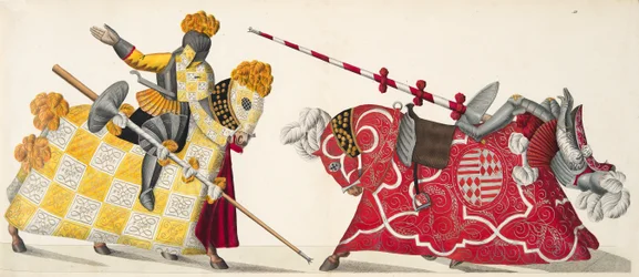 Dois cavaleiros em um torneio, placa de "Uma História do Desenvolvimento e Costumes de Cavalaria", do Dr. Franz Kottenkamp, publicado por Carl Hoffmann, 1842