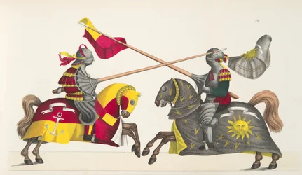 Dois cavaleiros em um torneio, placa de "Uma História do Desenvolvimento e Costumes de Cavalaria", do Dr. Franz Kottenkamp, publicado por Carl Hoffmann, 1842