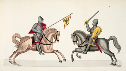 Dois cavaleiros em um torneio, placa de "Uma História do Desenvolvimento e Costumes de Cavalaria", do Dr. Franz Kottenkamp, publicado por Carl Hoffmann, 1842