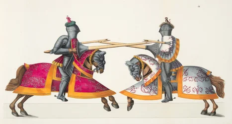 Dois cavaleiros em um torneio, placa de "Uma História do Desenvolvimento e Costumes de Cavalaria", do Dr. Franz Kottenkamp, publicado por Carl Hoffmann, 1842